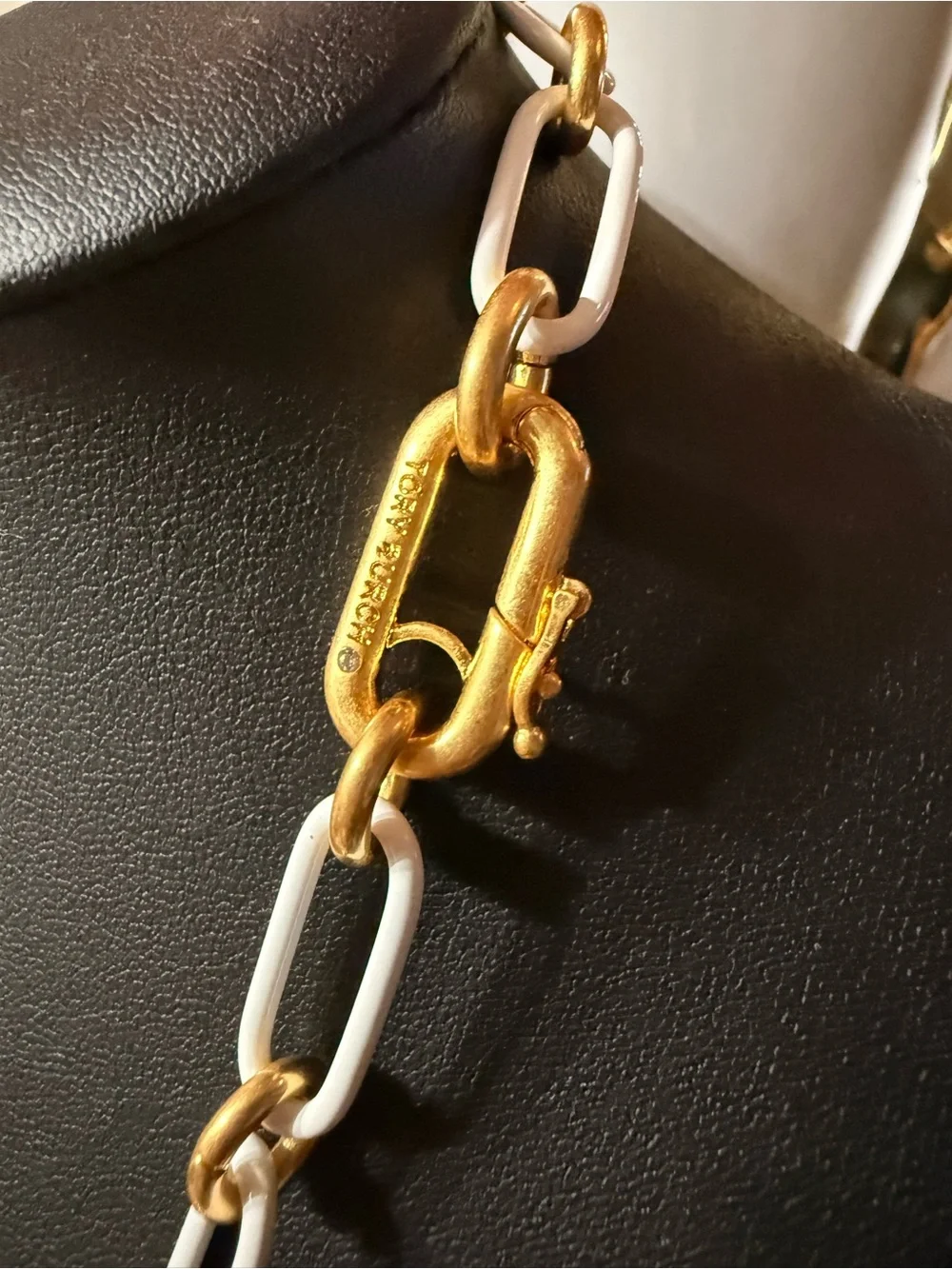 Tory Burch Gold and White Link Necklace with Signature Logo